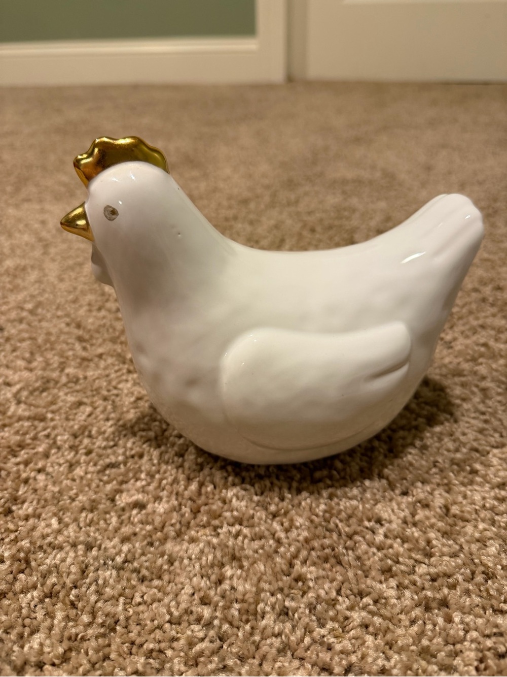 White Ceramic Hen Figurine with Gold Accents